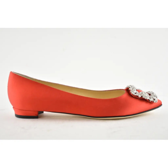 Manolo Blahnik Hangisi Red Satin Silver Jewel Buckle Ballerina Ballet Flat 39.5 - Picture 2 of 12